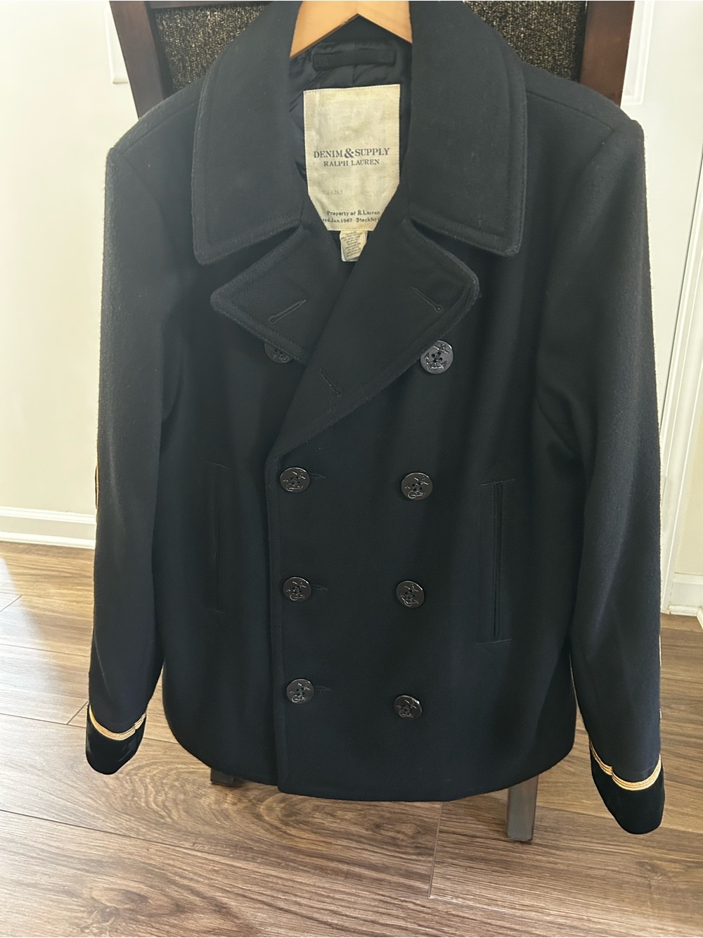 Ralph Lauren Black Double Breasted Peacoat with Metallic Gold Accents Sleeve